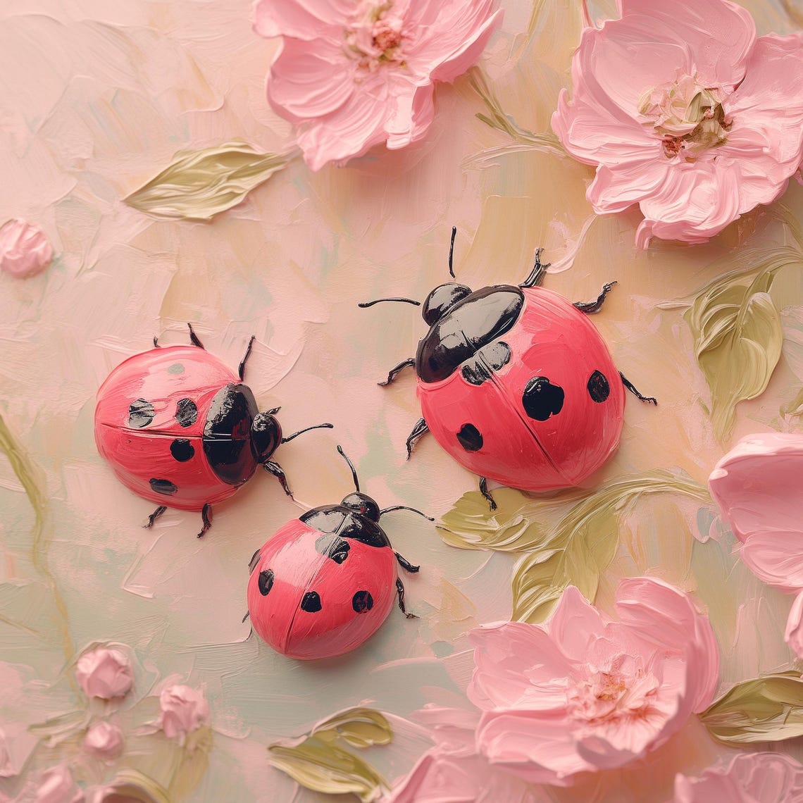 Four Ladybugs Pink Cherry Blossoms Impasto Texture Art Poster - Image 4