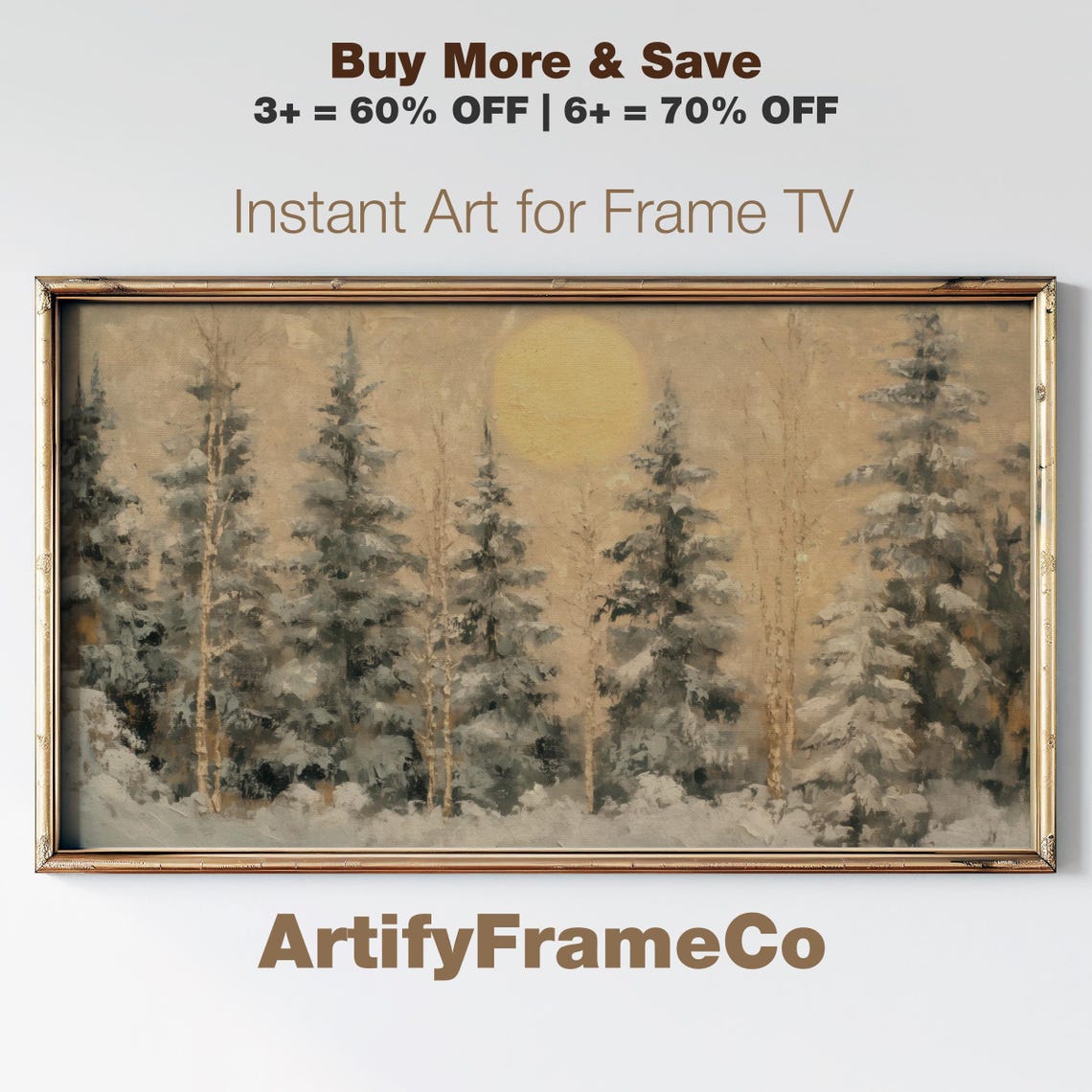 Golden Moon Winter Pines Snowy Forest Oil Painting Style Poster