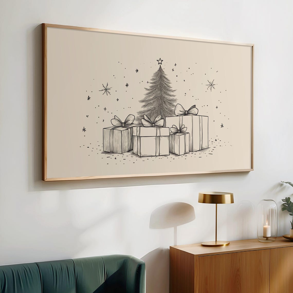 Christmas Gifts Under Tree Line Sketch Festive Frame TV Poster - Image 2