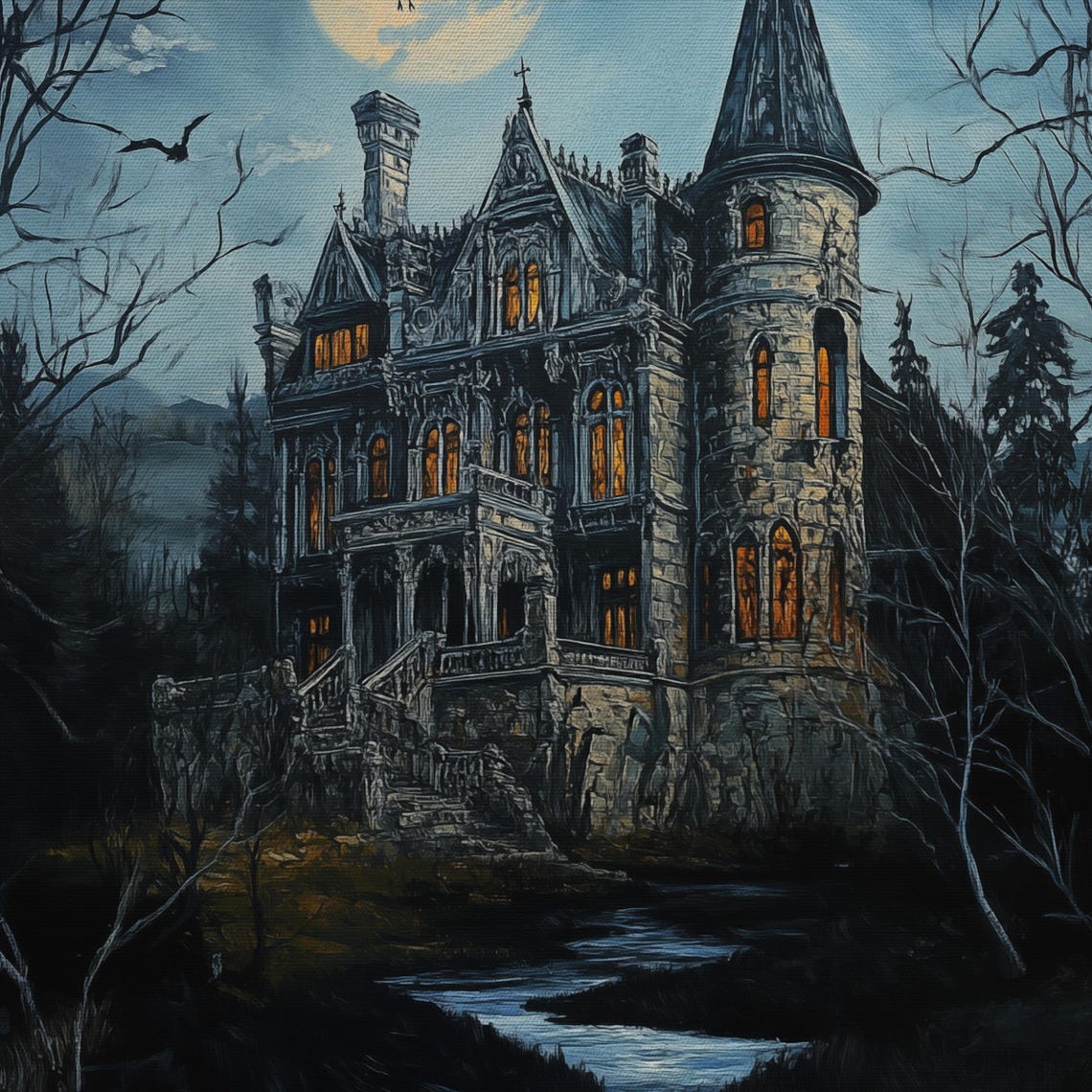 Gothic Mansion Under Full Moon With Crows On Night Oil Poster - Image 4