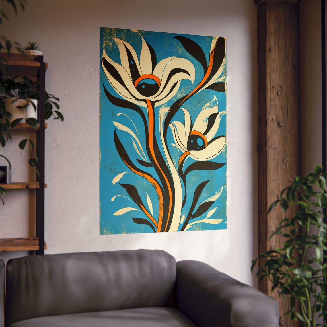 Blue Floral Stylized White Flowers Botanical Wall Decor Print Art - Image 2