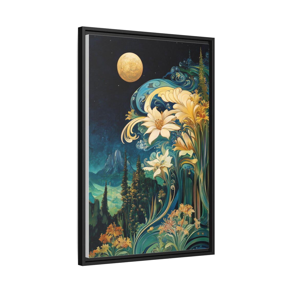 Floral Moon Night Garden Art Nouveau Flowers Surreal Style Poster - Image 3