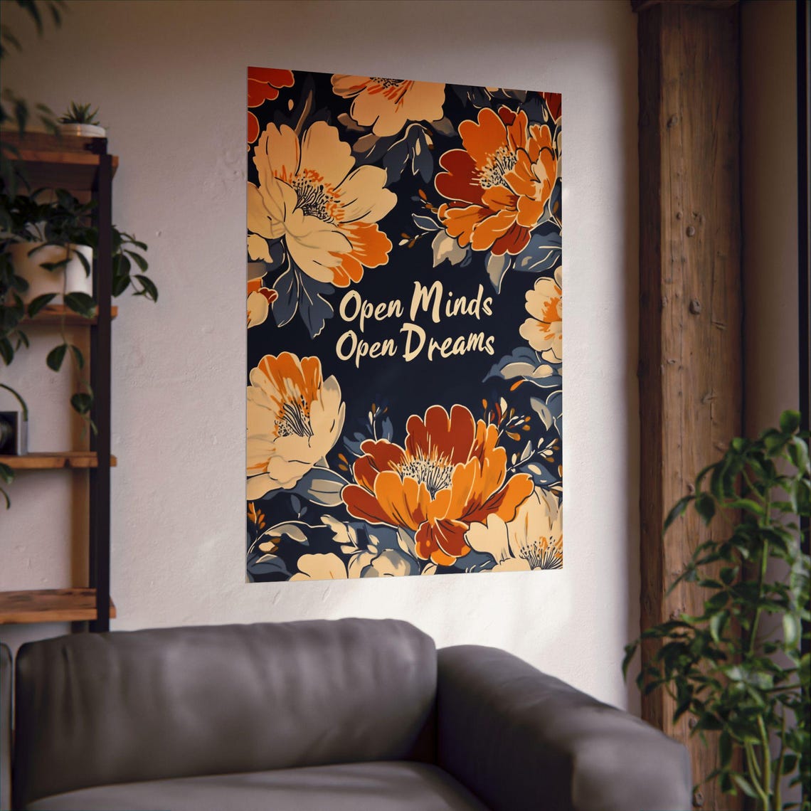 Open Minds Open Dreams Inspirational Dark Moody Floral Art Poster - Image 2