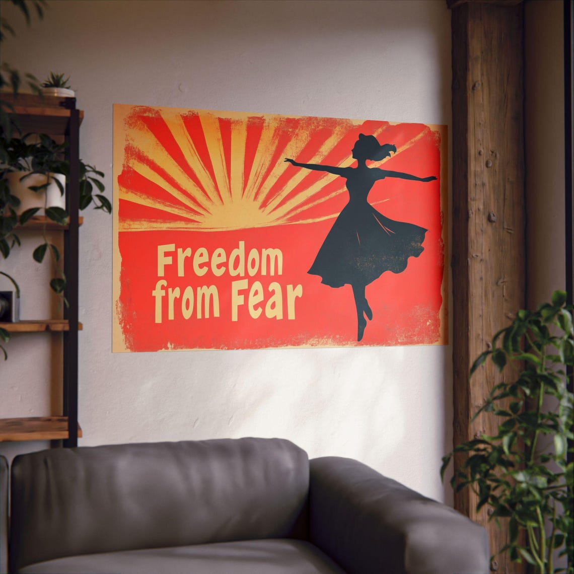 Freedom From Fear Dancing Woman Sunburst Joyful Retro Poster - Image 2
