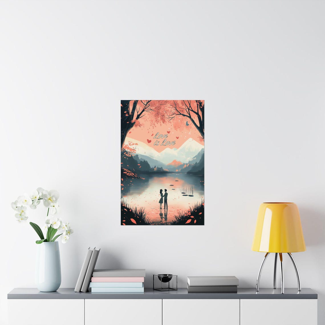 Love Is Love Couple Silhouette Lake Cherry Blossoms Mountain Poster - Image 2