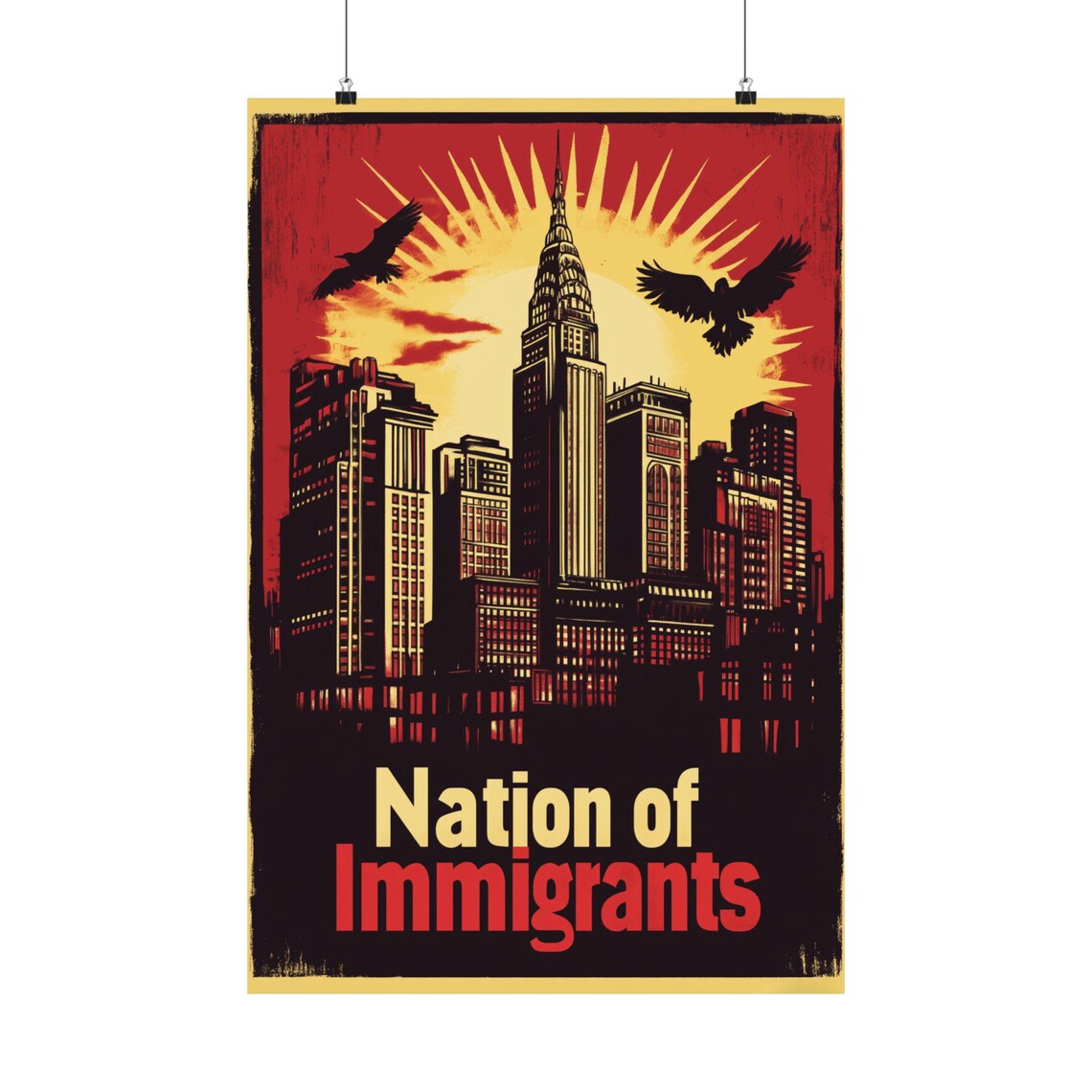 Nation of Immigrants New York City Skyline Vintage Travel Poster