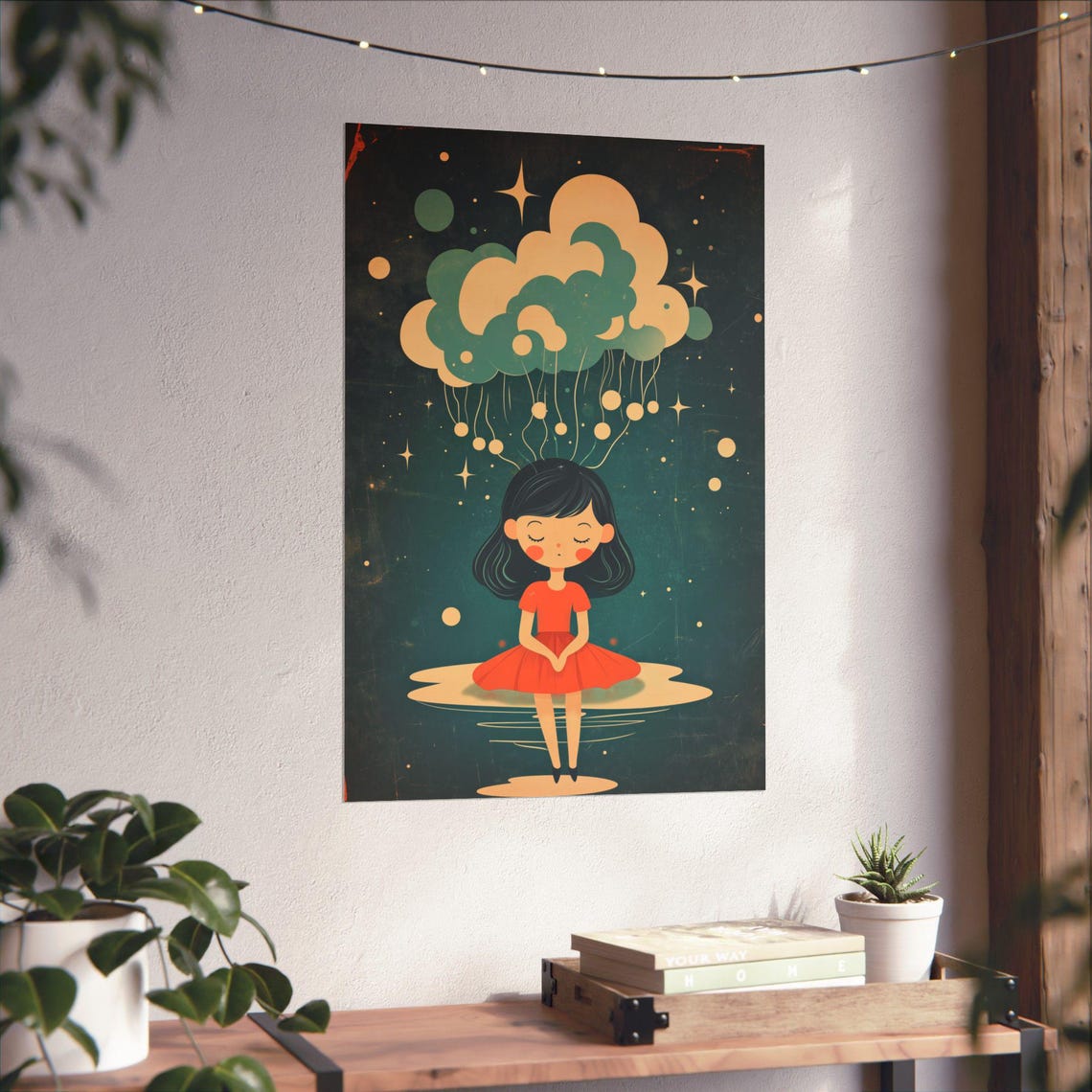 Dreamy Night Sky Girl Starry Cloud Vintage Whimsy Kids Art Poster - Image 4