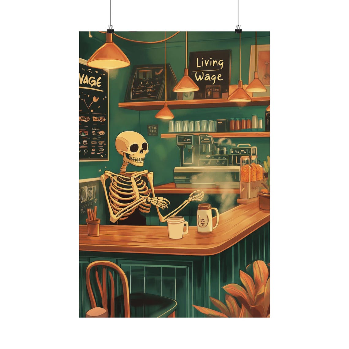 Skeleton Barista Coffee Bar Living Wage Funny Cafe Art Poster