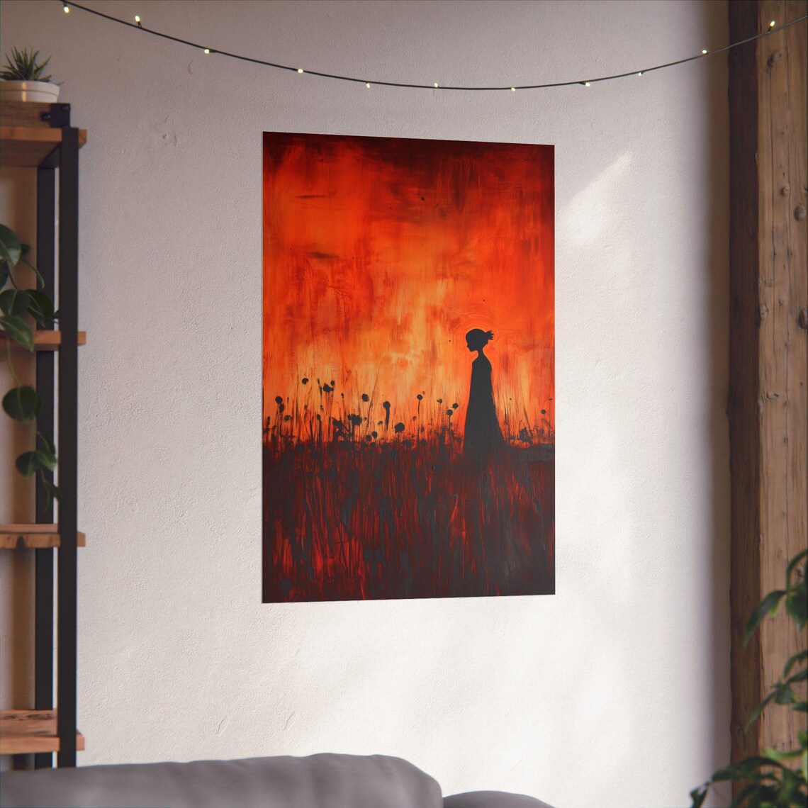 Woman Silhouette Wildflower Field Burning Orange Sunset Painting Poster - Image 4