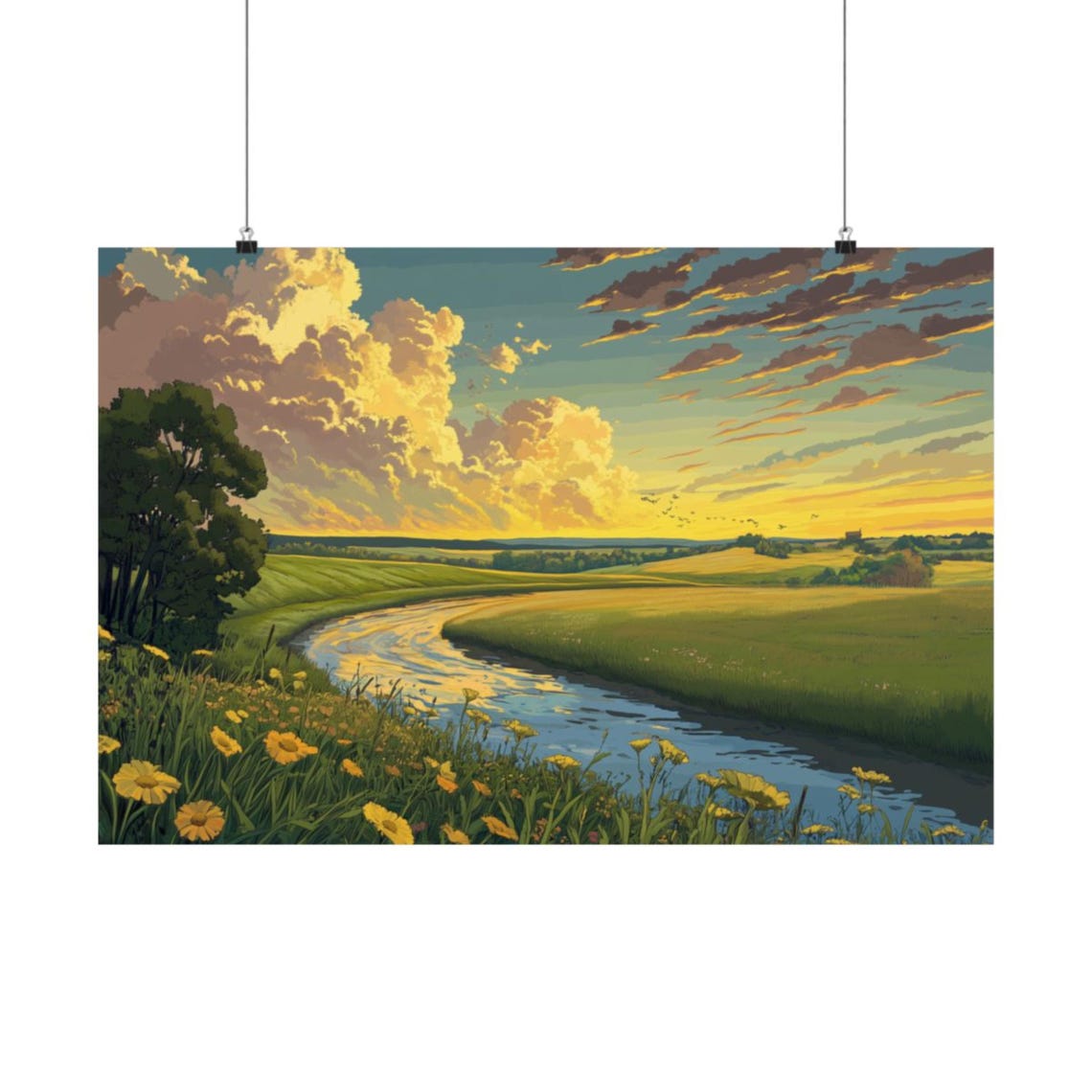 Golden River Sunset Wildflower Meadow Peaceful Landscape Poster