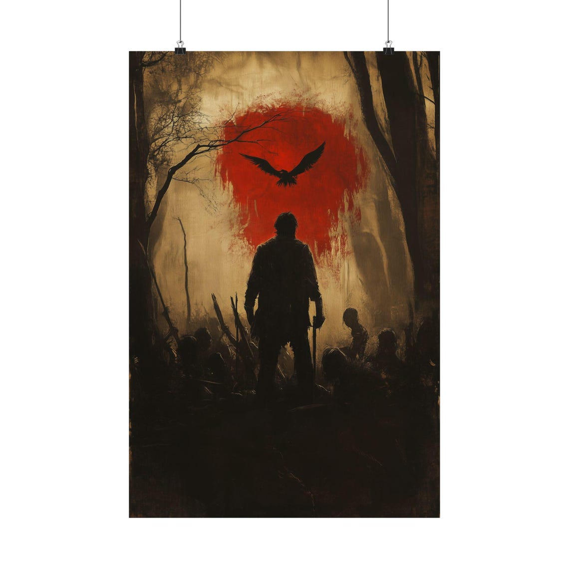 Spooky Season Dark Forest Figure Red Moon Raven Halloween Poster