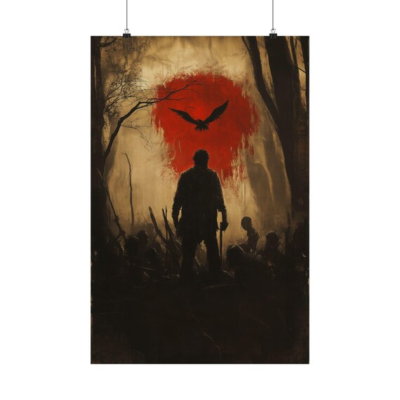 Spooky Season Dark Forest Figure Red Moon Raven Halloween Poster