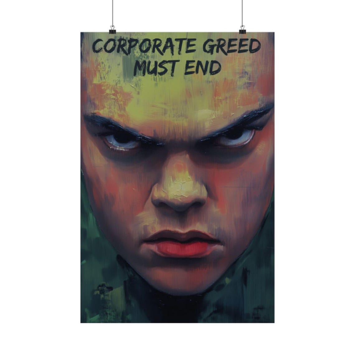 Corporate Greed Must End Angry Painted Face Bold Protest Poster