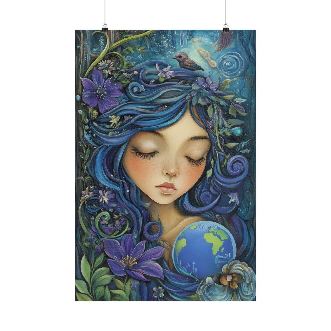 Earth Mother Nature Girl with Globe Floral Environmental Poster