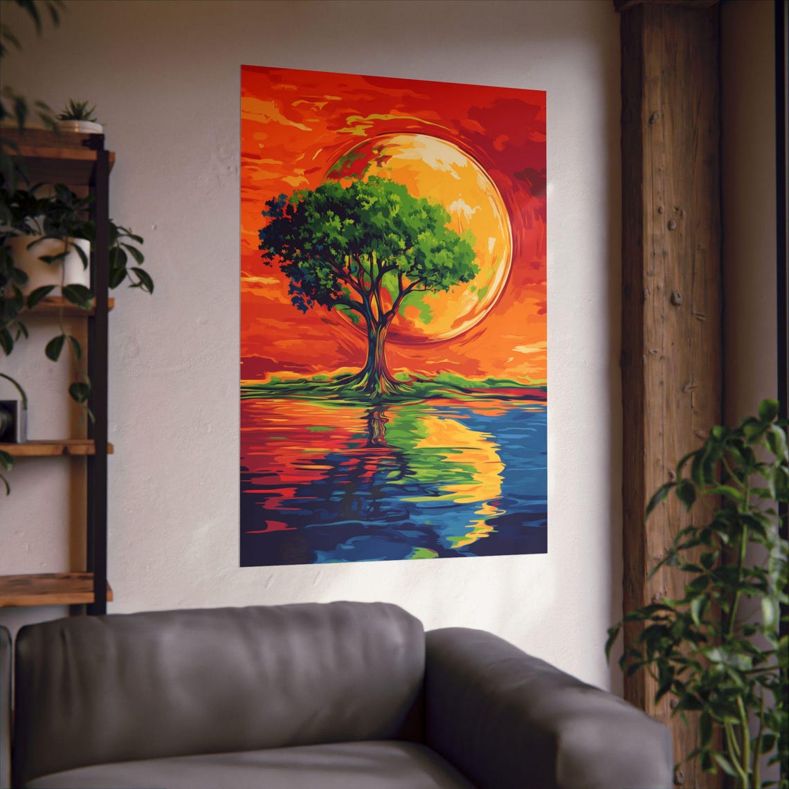 Sunset Tree By The Water Colorful Reflecting Lake Nature Art Poster - Image 2
