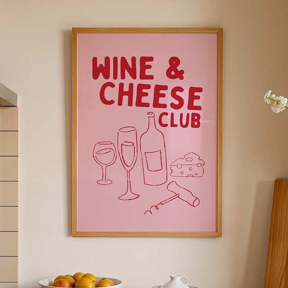 Wine And Cheese Club Red Pink Hand Lettered Kitchen Bar Cart Poster Art