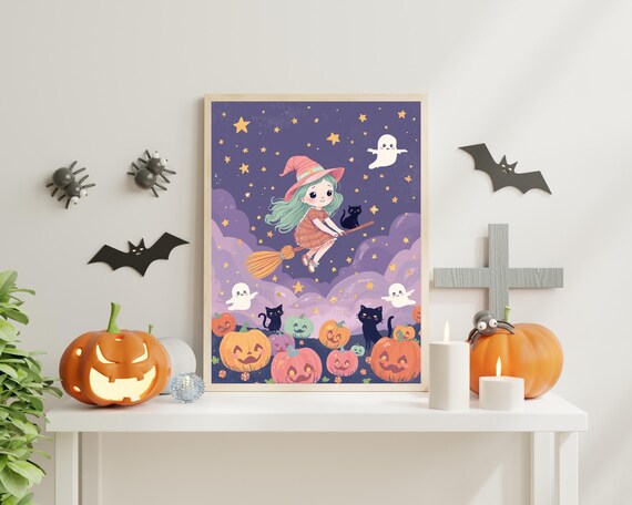 Cute Halloween Witch Wall Art Spooky Ghosts Black Cats Pumpkins Kids Decor Poster