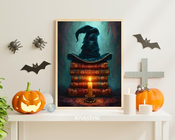 Witch Hat Candle Print Gothic Halloween Book Stack Art
