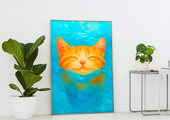 Orange Cat Painting Whimsical Nursery Wall Art