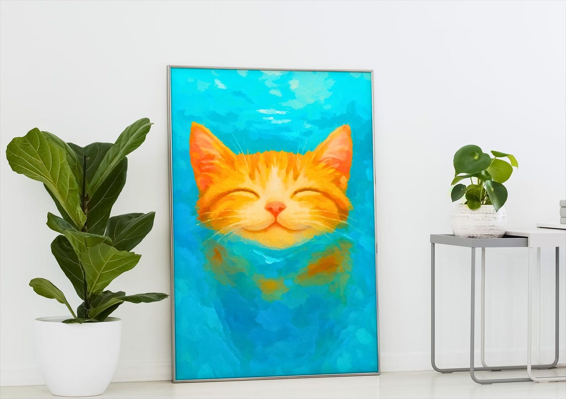Smiling Orange Tabby Cat Painting Bright Turquoise Animal Art Print