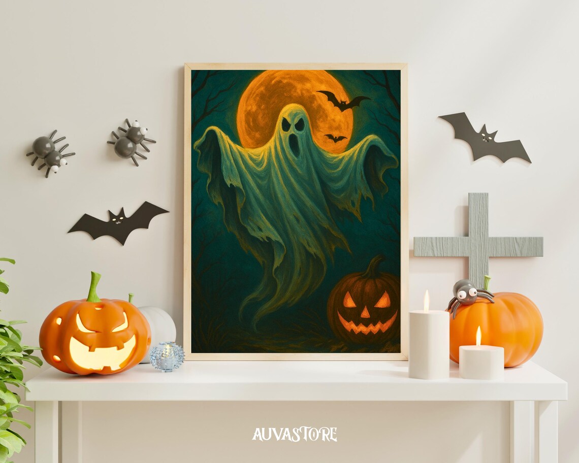 Spooky Halloween Art Print Full Moon Haunted House