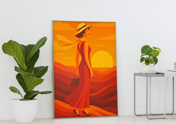Retro Sunset Fashion Print Elegant Woman In Red Dress