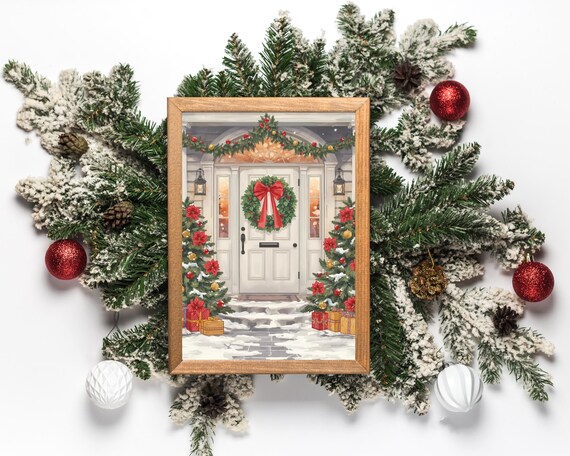 Cozy Christmas Door Watercolor Wreath Holiday Porch Scene Poster