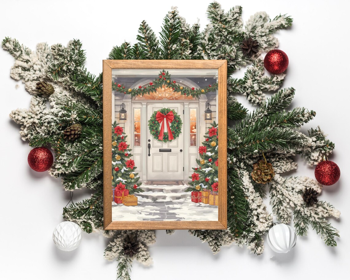 Cozy Christmas Door Watercolor Wreath Holiday Porch Scene Poster
