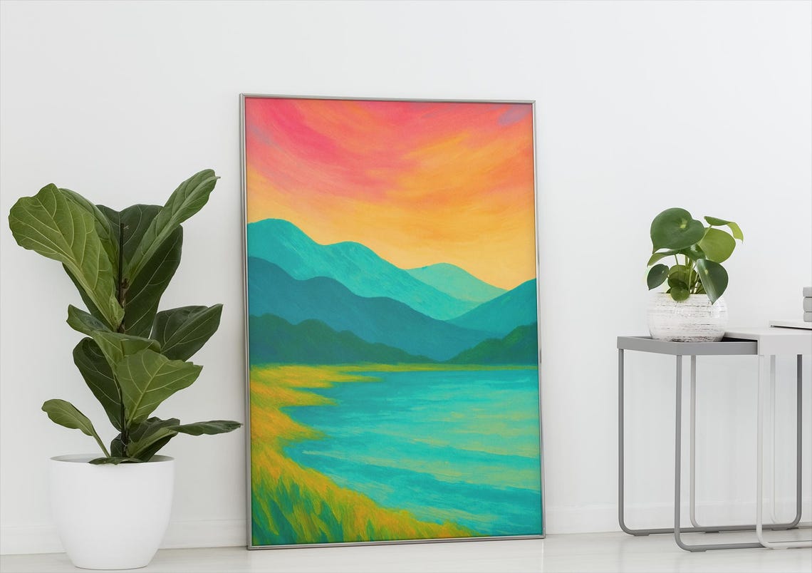 Colorful Mountain Sunset Lake Teal Orange Boho Landscape Poster