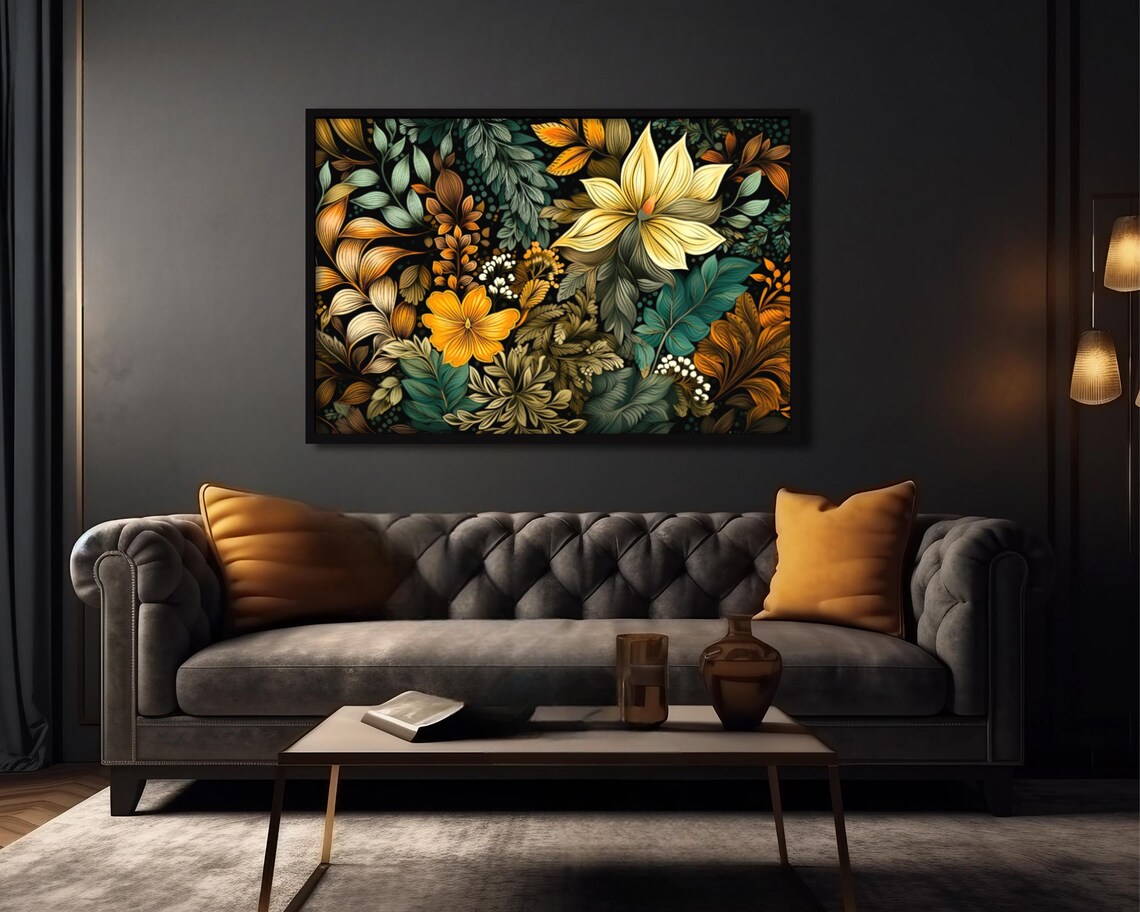 Dark Botanical Yellow Orange Blooms Teal Leaves Vintage Art Poster - Image 3