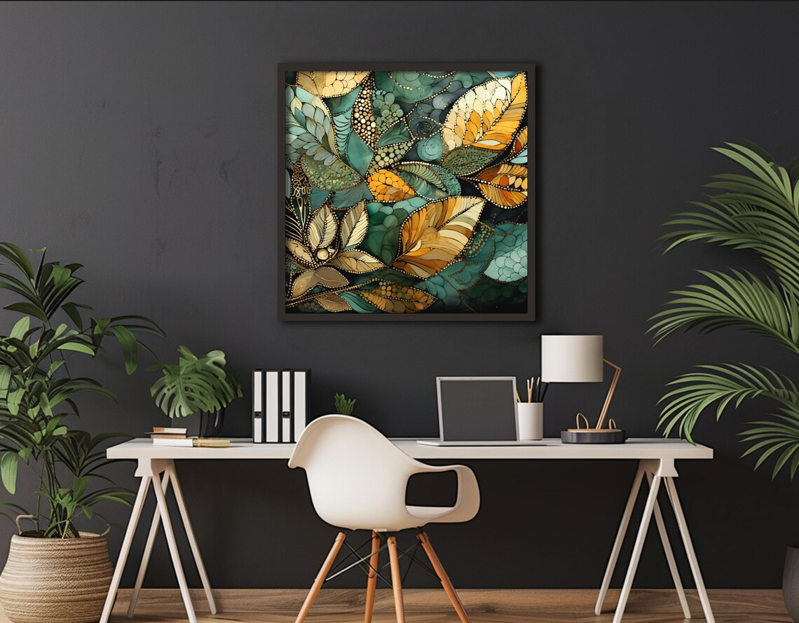 Stained Glass Teal Gold Mosaic Leaves Jewel Tone Botanical Poster - Image 3