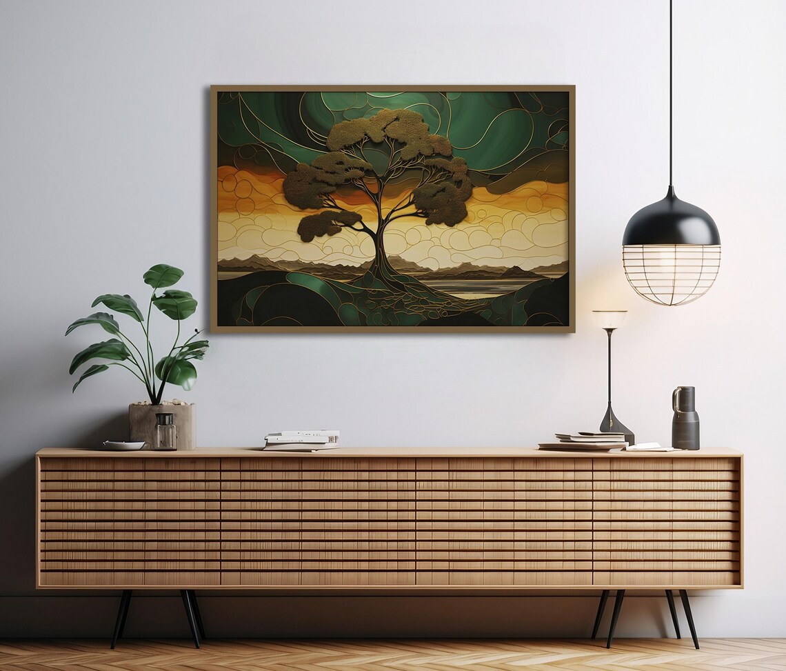 Textured Tree of Life Sunset Teal Amber Gold Nature Art Poster - Image 2