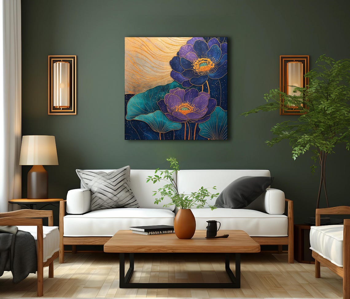 Elegant Purple Teal And Gold Abstract Floral Print Square Print Boho Flower Poster Room Decor Bedroom Art Home Decor Bold - Image 2