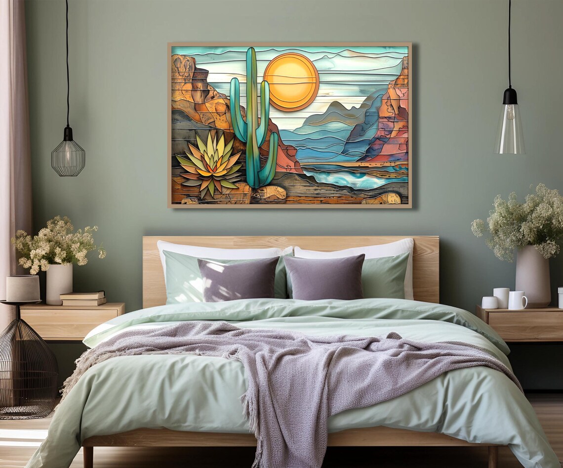 Southwest Desert Saguaro Cactus Sunset Mosaic Glass Landscape Poster - Image 3