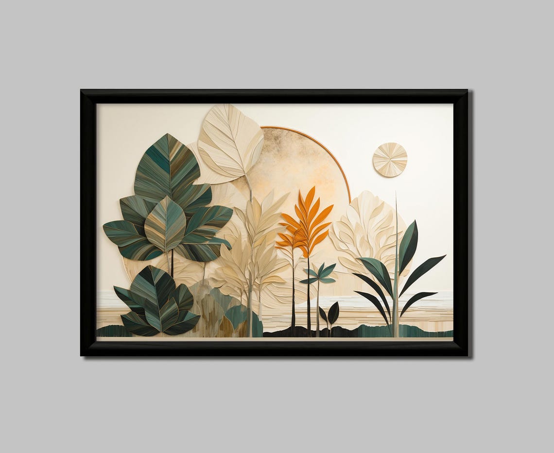 Layered Paper Cut Leaves Cream Green Orange Sun Arch Nature Poster - Image 4