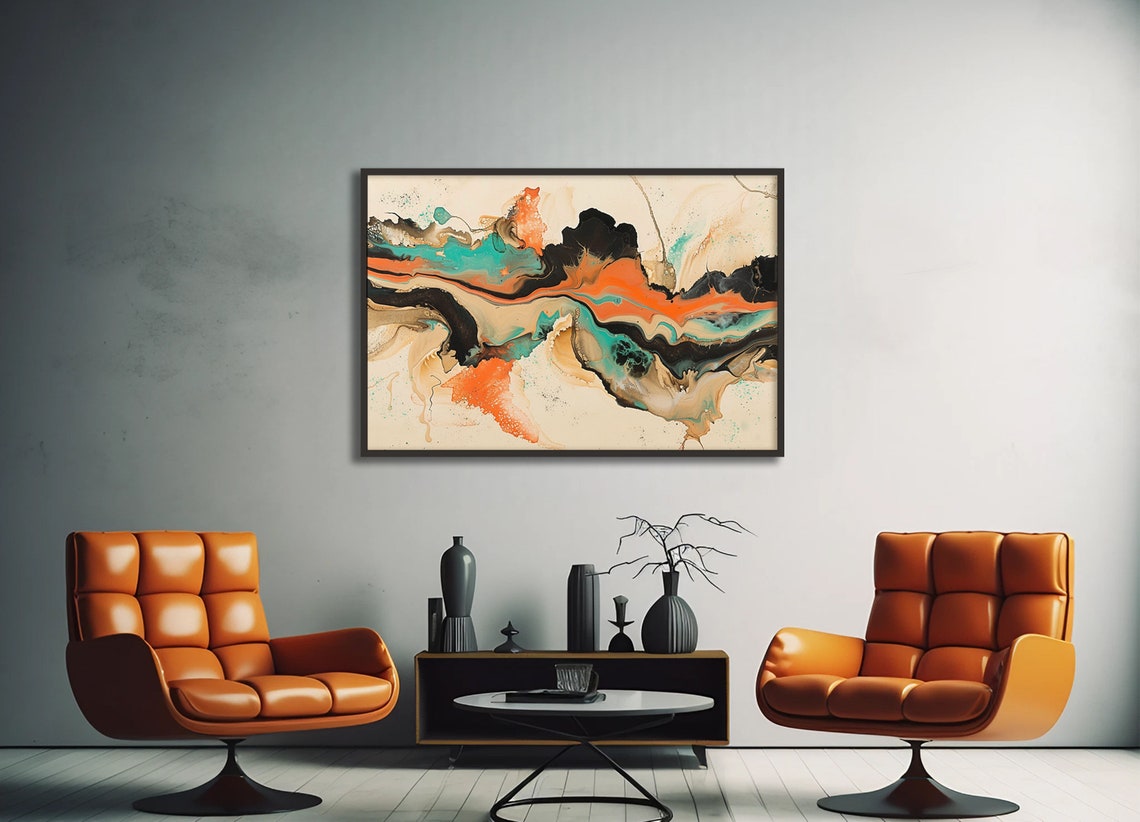 Abstract Wall Art Bold Orange Black Teal And Beige Print Mancave Decor Home Decor Modern Art Focal Point Unframed Art Print For Office - Image 3