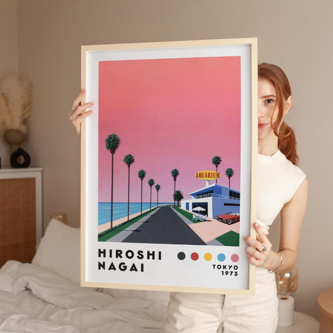 Hiroshi Nagai Aquarium Beach Palm Trees Sunset City Pop Poster