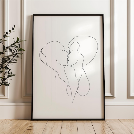 Couple Kissing Single Line Heart Minimalist Romantic Art Poster