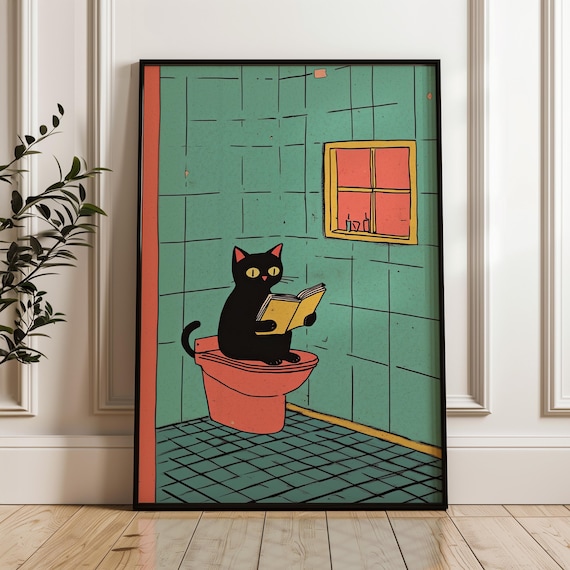 Black Cat Reading Book on Toilet Funny Bathroom Cartoon Art Poster