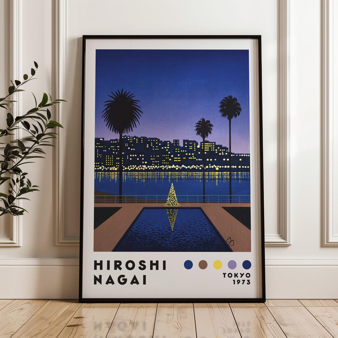 Hiroshi Nagai Night Pool City Lights Palm Reflection Retro Art Poster