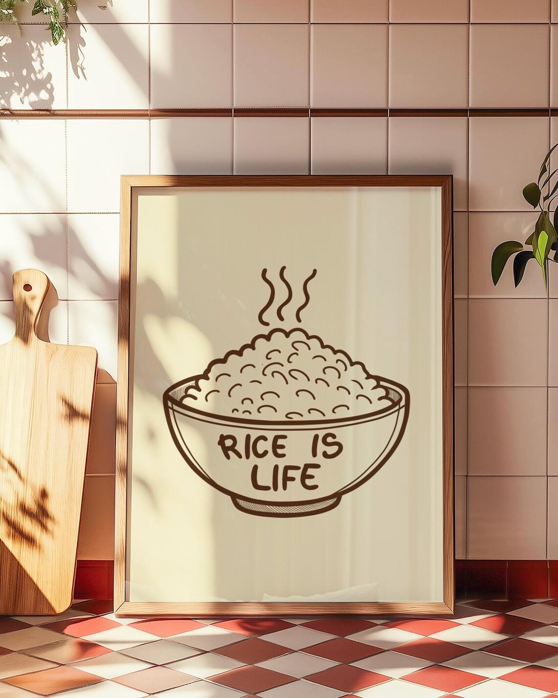Rice Is Life Steaming Bowl Of Rice Retro Typography Kitchen Quote Poster