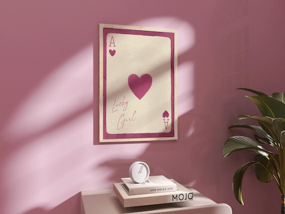 Lucky Girl Ace of Hearts Script Pink Playing Card Wall Print
