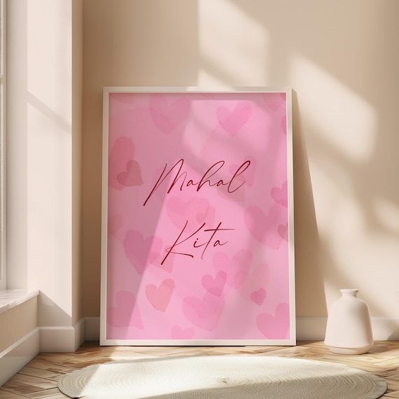 Mahal Kita I Love You Script On Pink Watercolor Hearts Filipino Gift Poster