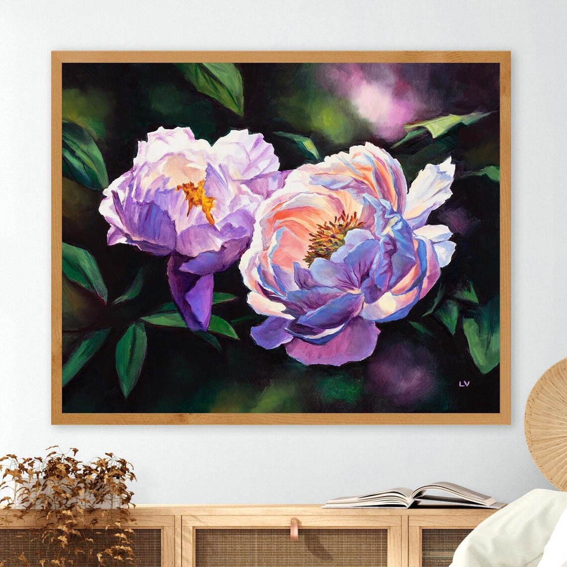 Blush Pink Peony Blossoms Blooming Against a Dark Moody Garden Poster