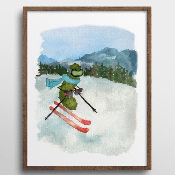 Whimsical Pickle Skiing Down A Mountain, Art Print