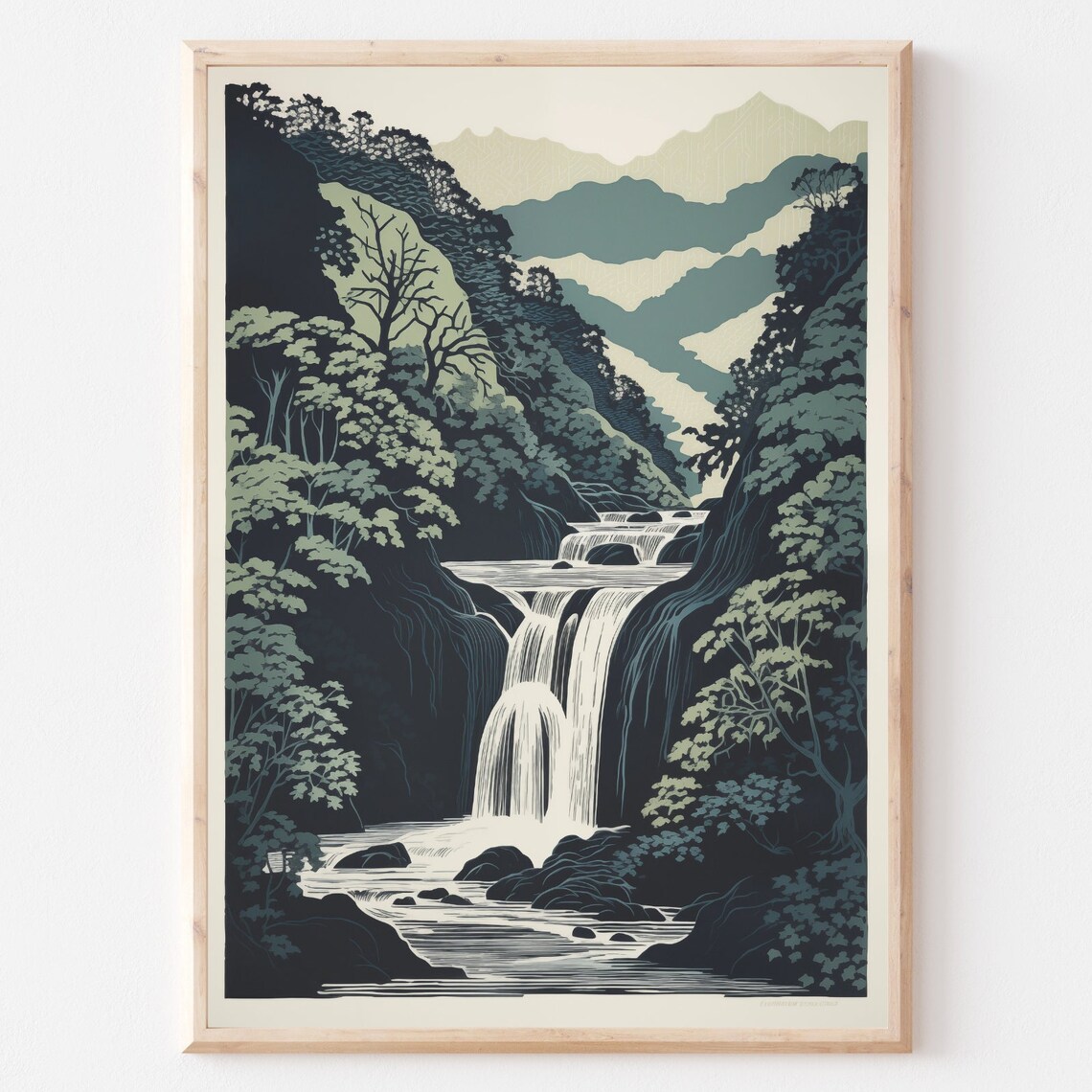 Japanese Woodblock Waterfall Poster, Tranquil Landscape