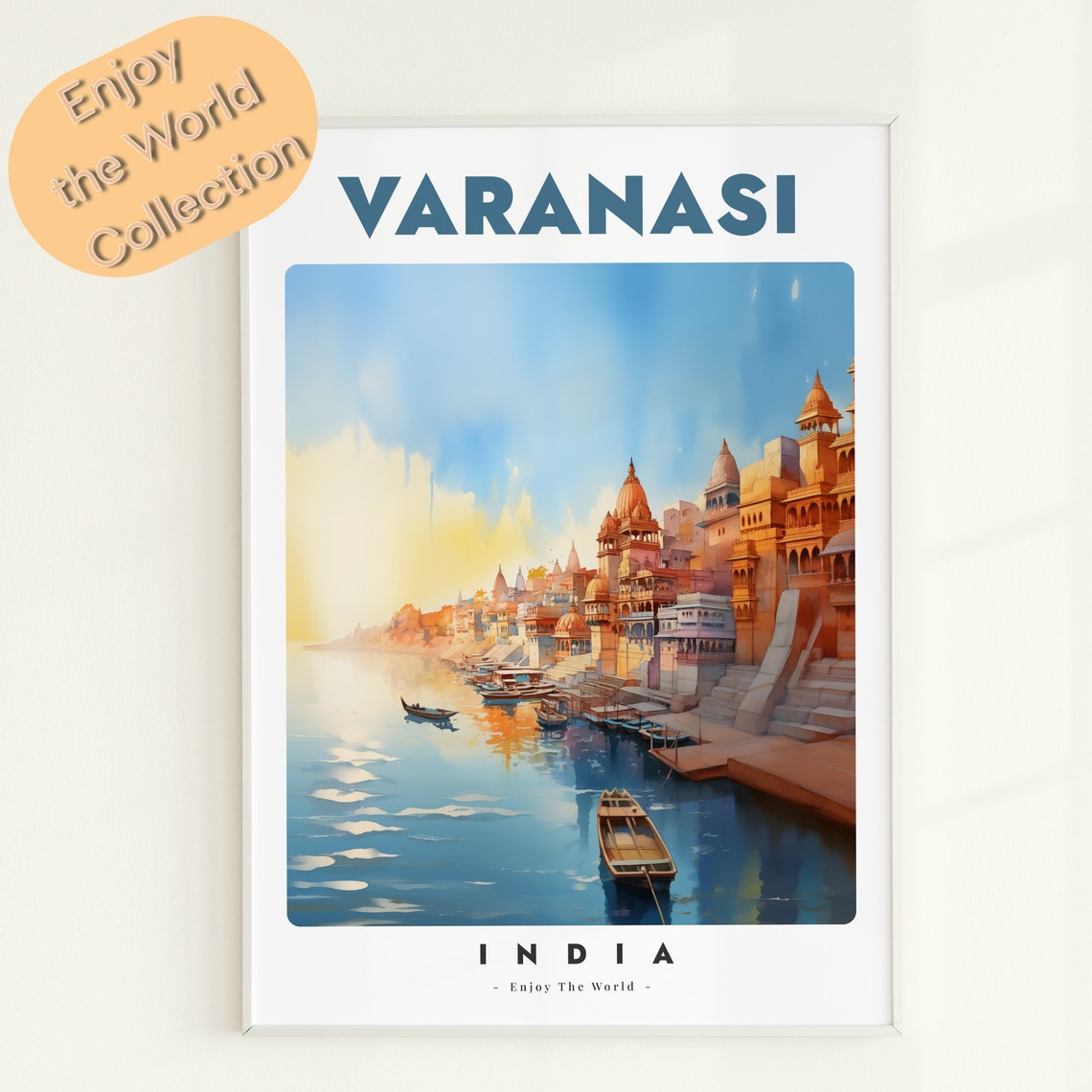Varanasi India Ganges River Boats Temples Watercolor Travel Poster