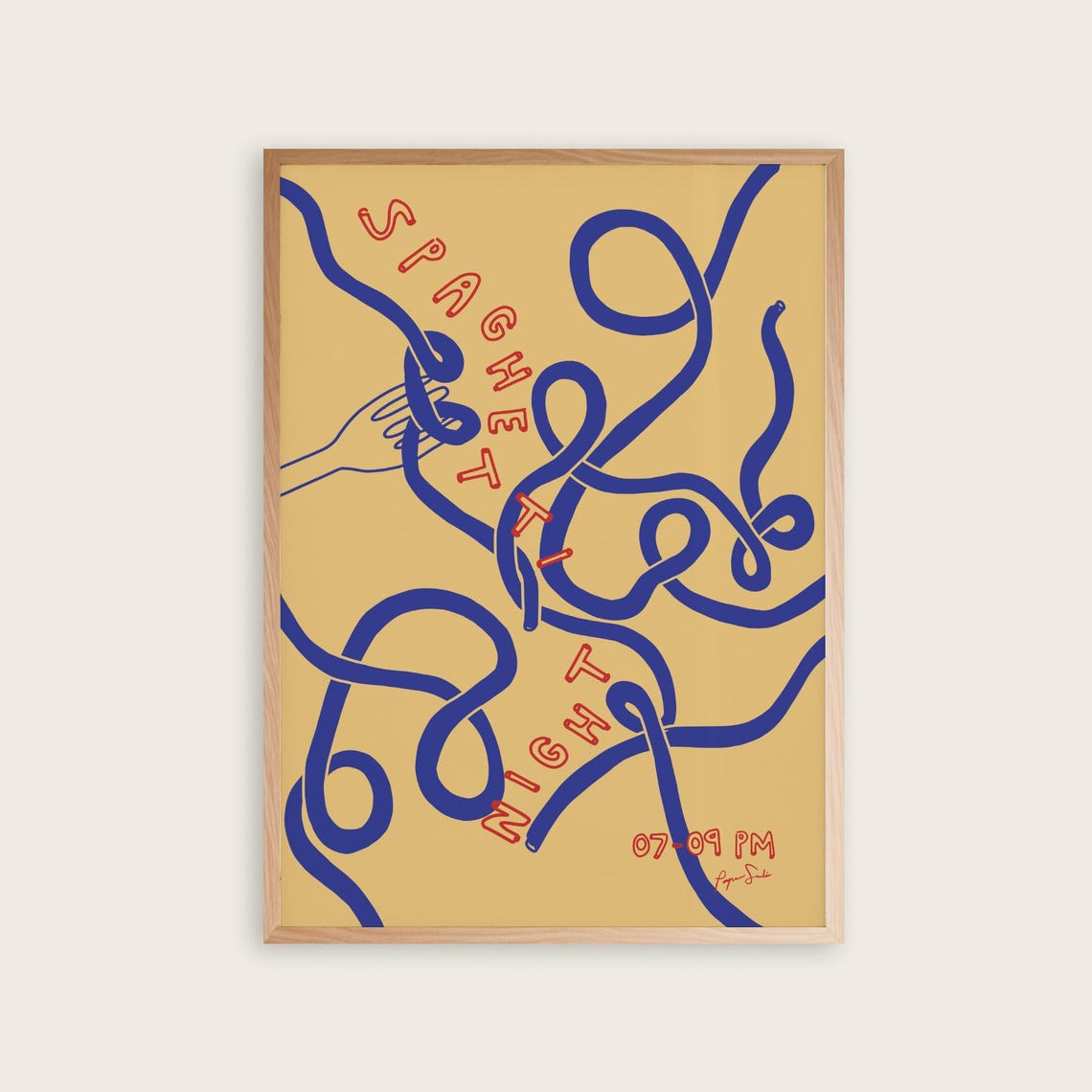 Spaghetti Night Abstract Blue Noodles Fun Retro Kitchen Poster