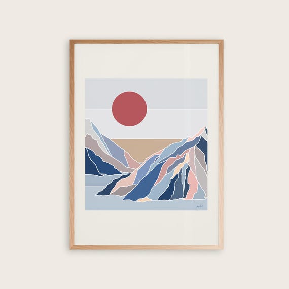 Mountain Poster Valley Between Mountains Wall Art Colorful Nature Minimalist Panorama Sun