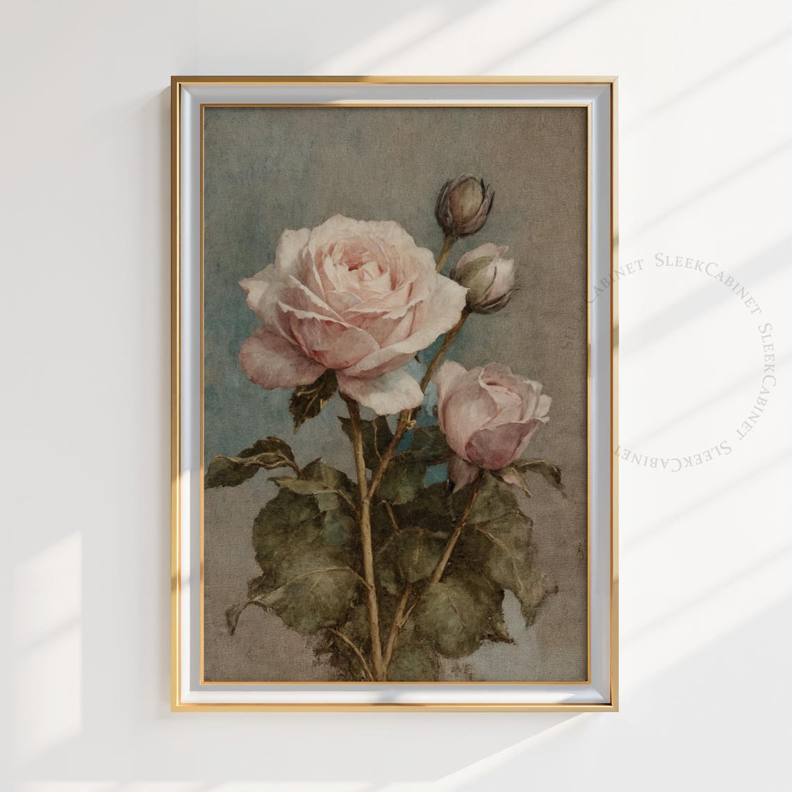 Tall Stem Blush Rose and Buds Vintage Botanical Painting Print